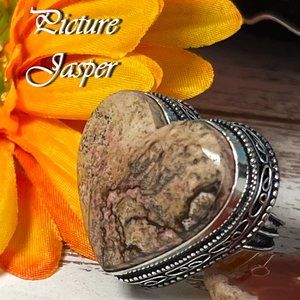 Picture Jasper Ring Heart Handmade Gemstone Crystal Antique Design 925 Silver